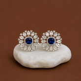 Silver Finish Blue Sapphire AD Diamond Stud Earrings for Women