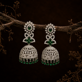 Silver Finish Emerald Green AD Diamond Jhumka Earrings for Women