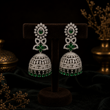 Silver Finish Emerald Green AD Diamond Jhumka Earrings for Women