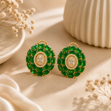 Gold Finish Emerald Green AD Diamond Stud Earrings for Woment