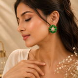 Gold Finish Emerald Green AD Diamond Stud Earrings for Woment