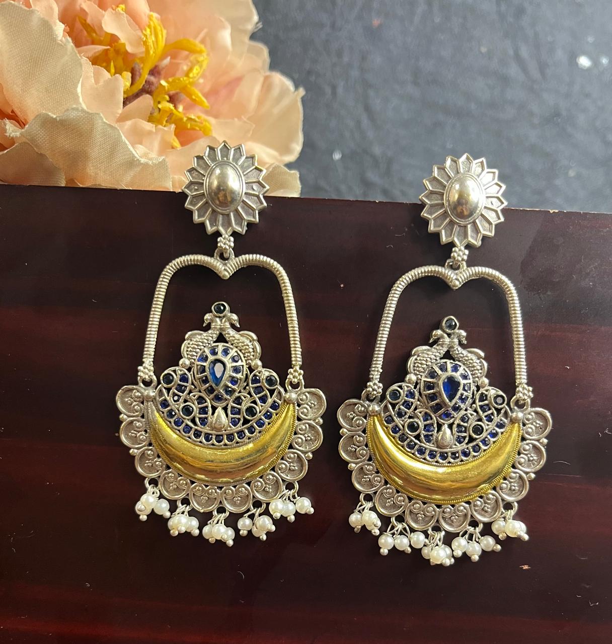 Dual tone stone studded chandbali earrings