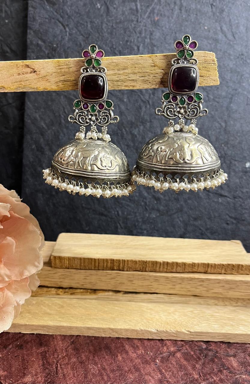 Stone studded silver replica big jhumkhas
