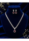 Silver Finish Ruby American Diamond Necklace Set for Women