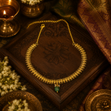 Antique Gold Temple Necklace Set with Green Stone Pendant & Floral Earrings