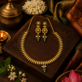 Antique Gold Temple Necklace Set with Green Stone Pendant & Floral Earrings