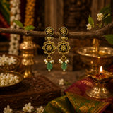 Antique Gold Temple Necklace Set with Green Stone Pendant & Floral Earrings