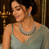 Emerald Green AD Diamond Necklace Set with Matching Earrings