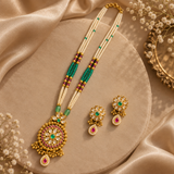 Antique Gold Pearl Long Necklace Set with Ruby & Emerald Stones