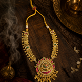 Antique Gold Polish Temple Necklace Set with Ruby, sea green  & AD Stones