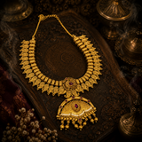 Antique Gold Temple Necklace Set with Ruby Stones