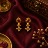 Gold Polish Ruby Stone AD Diamond Floral Stud Earrings