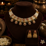 Antique Polish Pearl & Ruby Stone Temple Choker Necklace Set