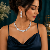 Luxury Silver Rhodium Polish AD Diamond Necklace Set with Long Earrings