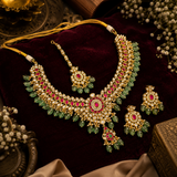Premium Kundan Polki Wedding Necklace Set with Green Beads, Ruby Stones, Earrings & Maang Tikka