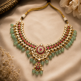 Premium Kundan Polki Wedding Necklace Set with Green Beads, Ruby Stones, Earrings & Maang Tikka