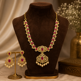 Premium Gold Polish Ruby AD Diamond Necklace Set with Matching Earrings