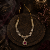 Antique Mehandi Polish AD Diamond Necklace Set with Ruby Teardrop Pendant & Matching Earrings