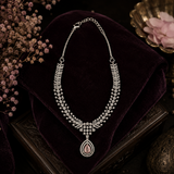 Silver Finish AD Diamond Necklace Set with Baby Pink Teardrop Stone & Matching Earrings