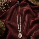 Luxury Silver Finish AD Diamond Long Necklace Set with Baby Pink Stone