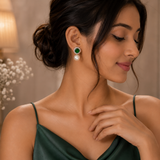 Silver Polish AD Diamond Emerald Stone & Pearl Drop Earrings