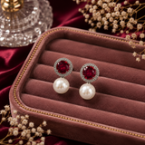 Silver Polish AD Diamond Ruby Red Stone & Pearl Drop Earrings