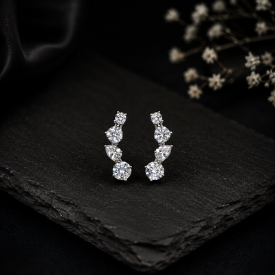 Silver AD Diamond Ear Climber Stud Earrings