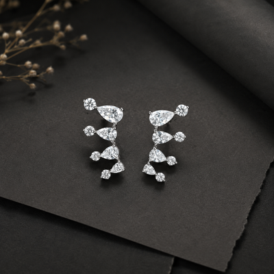 Silver AD Diamond Ear Cuff Stud Earrings