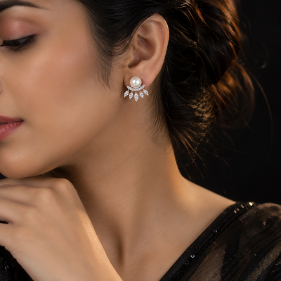 Silver AD Pearl Stud Earrings with Diamond Jacket