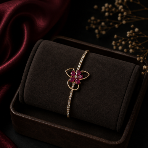 Antique Gold AD Diamond Bracelet with Ruby Floral Design
