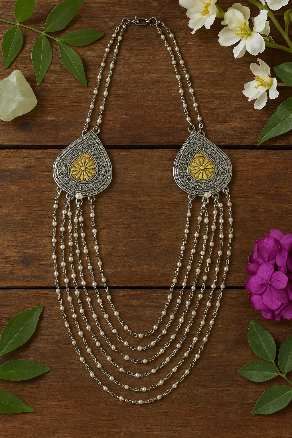 Dual tone Necklace with pearl lines
