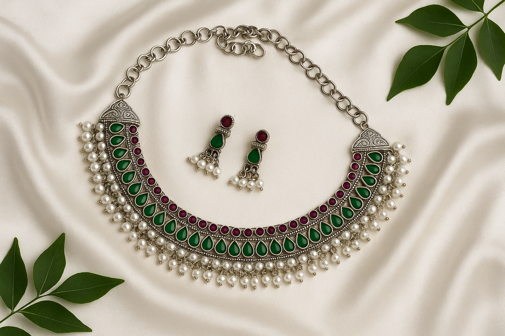 Silver replica stone studded choker set