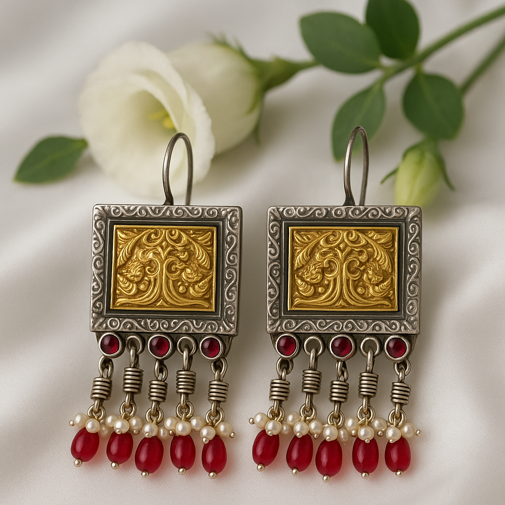 Dual tone hang earrings with beads