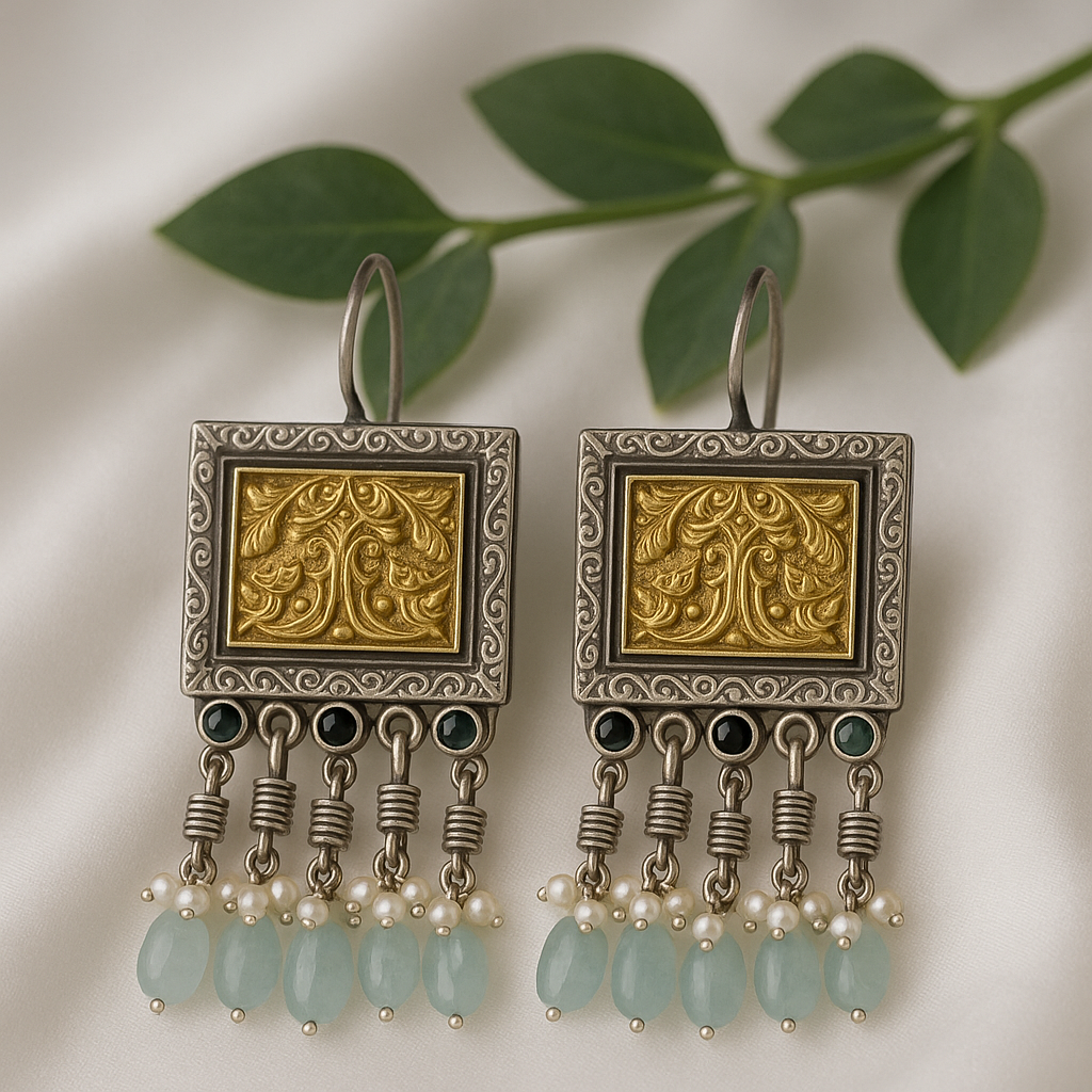 Dual tone hang earrings with beads