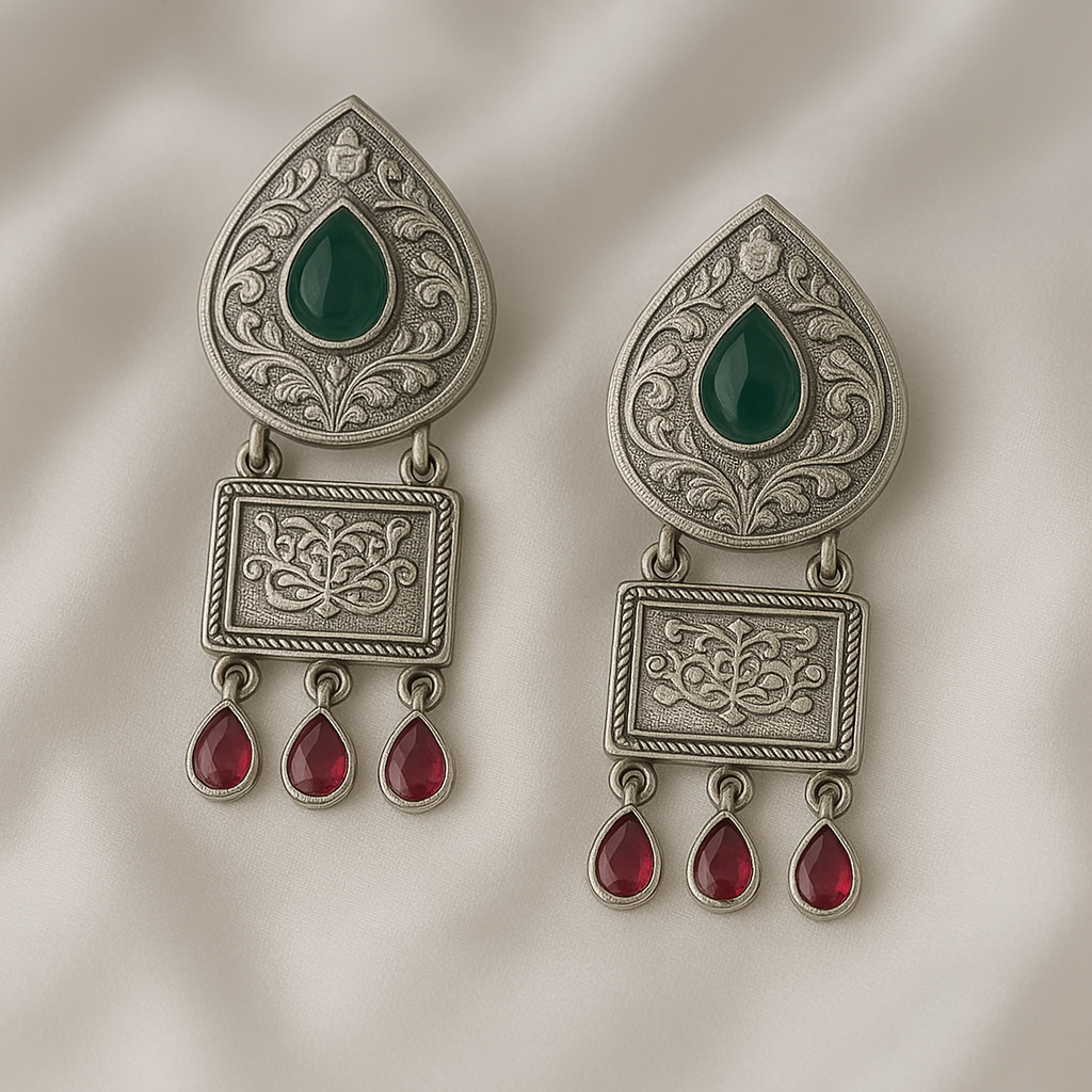 silver replica dull polish stone studded earrings