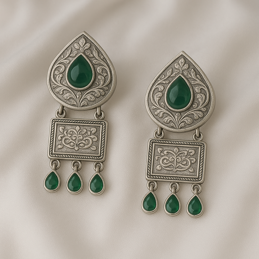 silver replica dull polish stone studded earrings