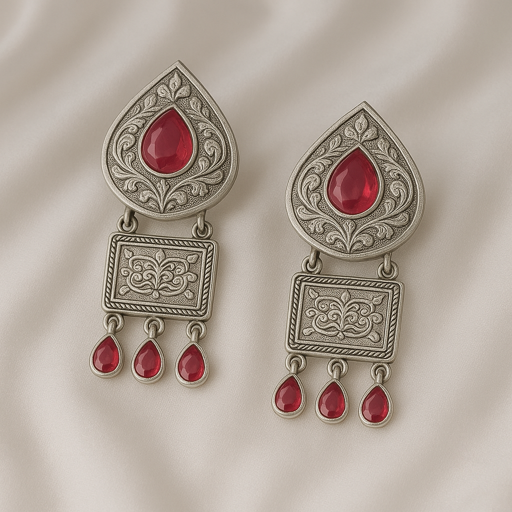 silver replica dull polish stone studded earrings