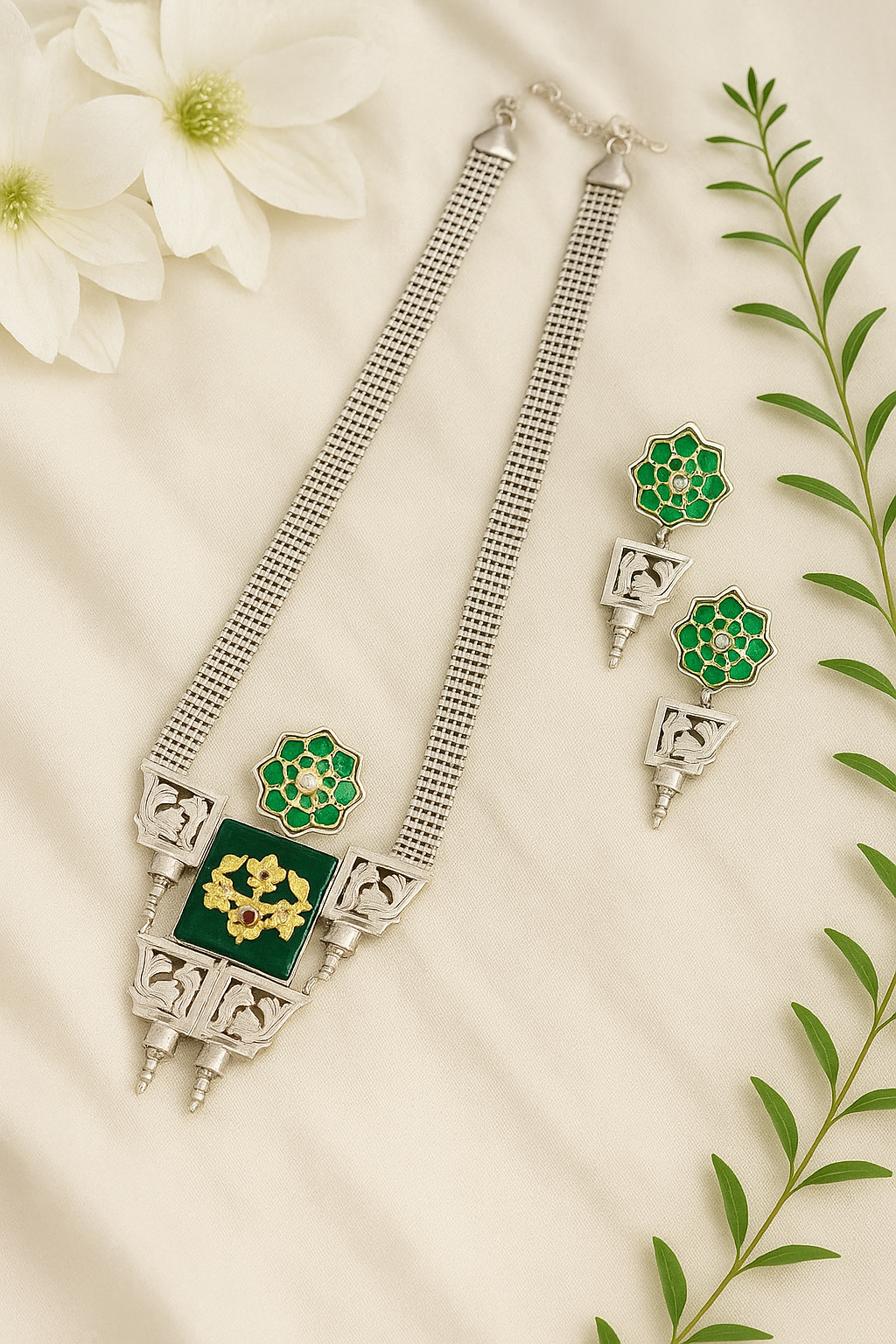 Green stone studded Silver replica Necklace set