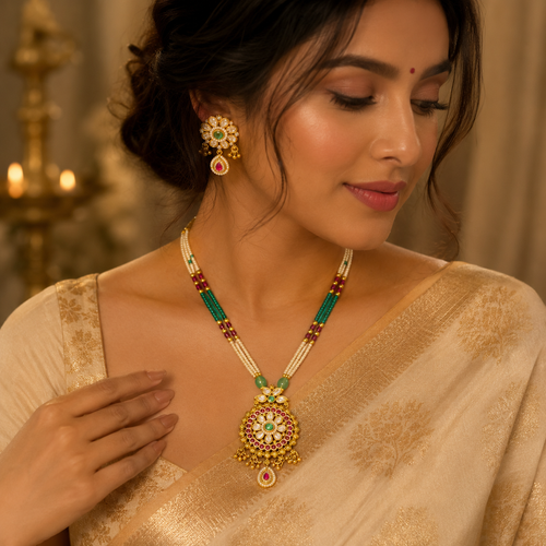 Antique Gold Pearl Long Necklace Set with Ruby & Emerald Stones