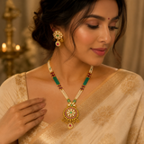 Antique Gold Pearl Long Necklace Set with Ruby & Emerald Stones