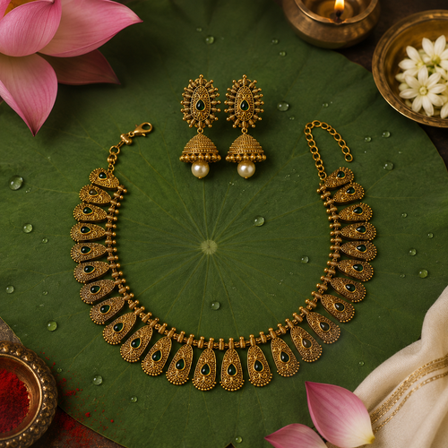 Antique Gold Finish Temple Necklace Set with Green Stones & Jhumka Earrings
