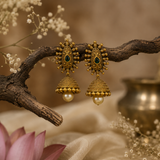Antique Gold Finish Temple Necklace Set with Green Stones & Jhumka Earrings