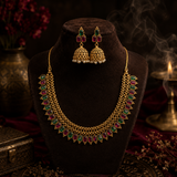 Antique Gold Finish Ruby & Emerald Stone Necklace Set with Jhumka Earrings