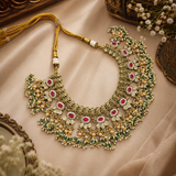 Antique Gold Polish Temple Necklace Set with Ruby Stones, Green Beads & Pearl Detailing