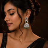 Silver Finish Emerald Green AD Diamond Jhumka Earrings for Women
