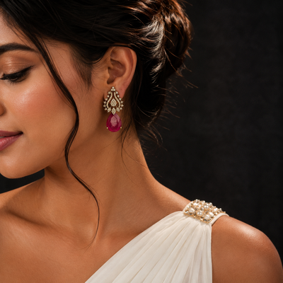 Antique Finish Ruby AD Diamond Drop Earrings for Women
