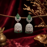 Silver Finish Emerald Green AD Diamond Jhumka Earrings for Women