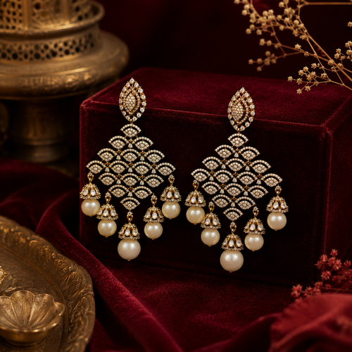 Antique Finish AD Diamond Pearl Chandbali Earrings for Women