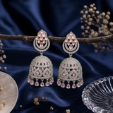 Silver Finish Baby Pink AD Diamond Jhumka Earrings for Women