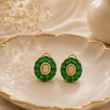 Gold Finish Emerald Green AD Diamond Stud Earrings for Woment